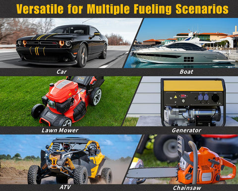 Various vehicles and equipment including car, boat, lawn mower, generator, ATV, and chainsaw for versatile refueling scenarios
