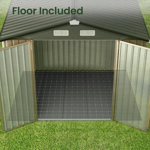 8x6 Ft Full Size Outdoor Metal Storage Shed With Floor for backyard tools bikes and gear, featuring reinforced sidewall girts.