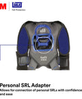 ExoFit X300 Comfort Vest Positioning Safety Harness back view with blue padding, showcasing aluminum D-rings and quick connect buckles.