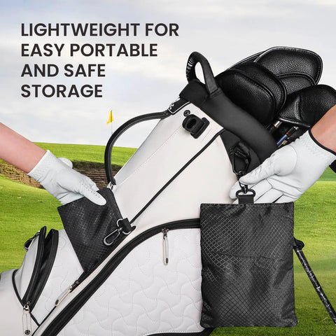Golf Bag Organizer Pouch With 3 Zip Pockets And Sturdy Hook Multi Pocket Design attached to white golf bag on grass.