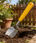 Nine Inch Serrated Edge Weeding Trowel With Stainless Steel Blade And Comfy Grip Handle used in garden soil
