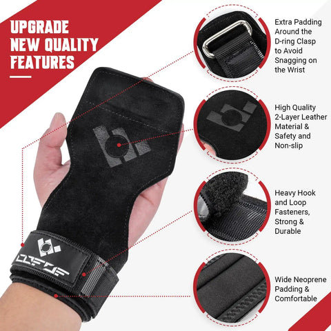 Hand holding Heavy Duty Double Layer Leather Weight Lifting Wrist Straps With Adjustable Neoprene Padding For Deadlift And Powerlifting.