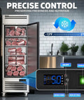Heavy Duty Twenty Seven Inch Commercial Freezer Nineteen Point Three Two Cubic Feet Stainless Steel Reach In Upright Kitchen Cooler with meat inside.