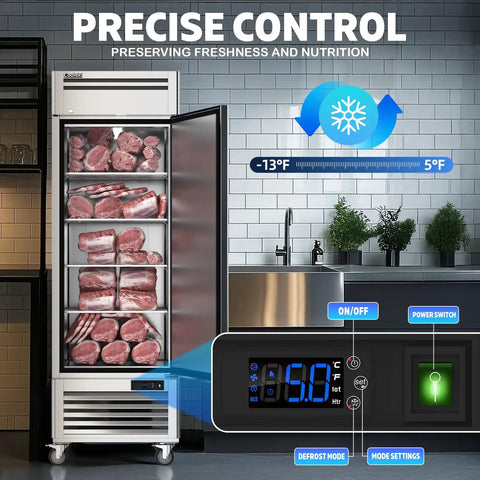 Heavy Duty Twenty Seven Inch Commercial Freezer Nineteen Point Three Two Cubic Feet Stainless Steel Reach In Upright Kitchen Cooler with meat inside.