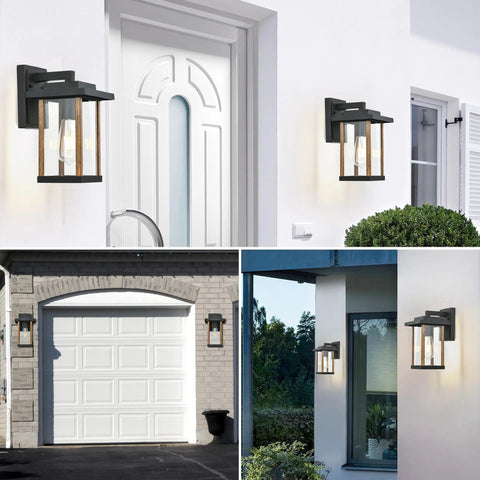 Outdoor Wall Sconce With Wood Grain Finish And Black Exterior Light Fixtures Clear Glass Weatherproof Anti Rust Porch Lights