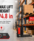 Heavy Duty Straddle Stacker Handles 3,300 Lbs With Semi Electric Lift For Tight Spaces And Tough Jobs featuring 94.8 in max lift height.
