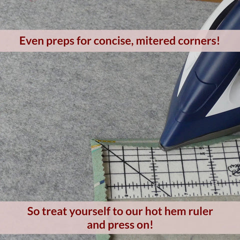 Hot Hem Ruler For Sewing And Quilting, Non Slip Ironing Guide For Precise Hems And Pleats, Works With Dry Or Steam Irons, 10 X 2.5 Inch Hem Gauge, Heat Resistant Nylon, Speed Up Your Crafting And Get Neat Edges. Iron pressing a corner on grid ruler