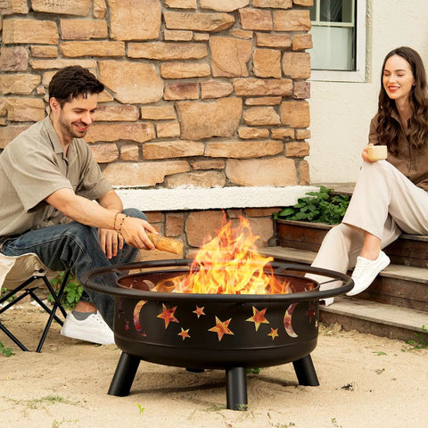 32 Inch Round Fire Pit With Mesh Cover And Fire Poker Star And Moon Design Wood Burning Outdoor Firepit For Patio