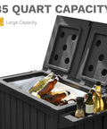 85 Quart Rolling Patio Cooler On Wheels With Drainage And Bottle Opener Open Storage And Bottom Shelves For Pool Deck Parties Outdoor BBQs Beverages Ice Chest Cart With Trash Can Spice Rack And Extra Storage showing open ice-filled compartment with bottles