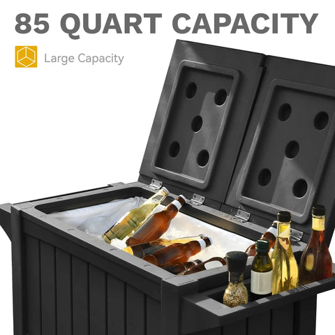 85 Quart Rolling Patio Cooler On Wheels With Drainage And Bottle Opener Open Storage And Bottom Shelves For Pool Deck Parties Outdoor BBQs Beverages Ice Chest Cart With Trash Can Spice Rack And Extra Storage showing open ice-filled compartment with bottles