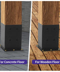 Beefy Heavy Duty 4x4 Post Base With Four Post Anchors In Black Powder Coat, showing installation on concrete and wooden floors.