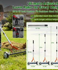 Wheeled Dethatching Rake For Lawn, 15 Inch Heavy Duty Stainless Steel Thatch Rake With Adjustable Long Handle 35 To 67 Inches display