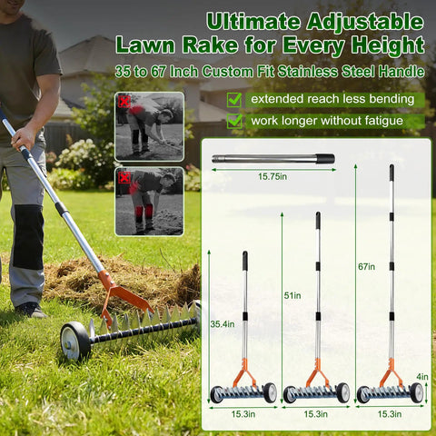 Wheeled Dethatching Rake For Lawn, 15 Inch Heavy Duty Stainless Steel Thatch Rake With Adjustable Long Handle 35 To 67 Inches display