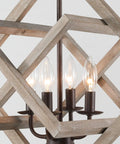 Close-up of 4-Light Weathered Wood Farmhouse Pendant Chandelier With Geometric Cage, showcasing bulb details and rustic wood frame