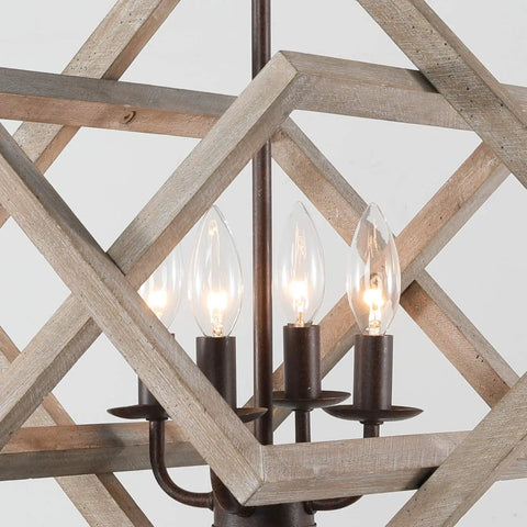 Close-up of 4-Light Weathered Wood Farmhouse Pendant Chandelier With Geometric Cage, showcasing bulb details and rustic wood frame