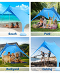 Four scenes showing Ultra Portable Beach Tent Canopy With UPF50 Sun Protection in beach, park, backyard, and fishing settings.