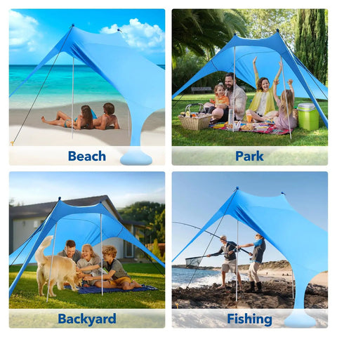 Four scenes showing Ultra Portable Beach Tent Canopy With UPF50 Sun Protection in beach, park, backyard, and fishing settings.