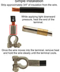 Illustration of Crimpless Top Post Positive Battery Terminal installation using heat, showing wire stripping and connection process