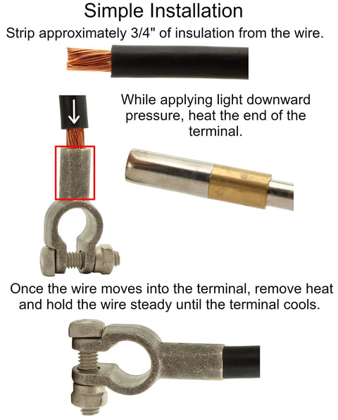 Illustration of Crimpless Top Post Positive Battery Terminal installation using heat, showing wire stripping and connection process