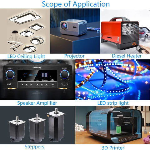 Applications of Beefy 24V 25A 600W DC Power Supply Adapter SMPS including LED ceiling lights, projectors, heaters, amplifiers, and 3D printers.