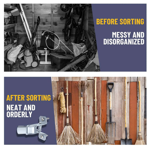 Before and after garage organization using Heavy Duty Metal Spring Clip Hangers 30 Pack Wall Mount Organizer holds tools