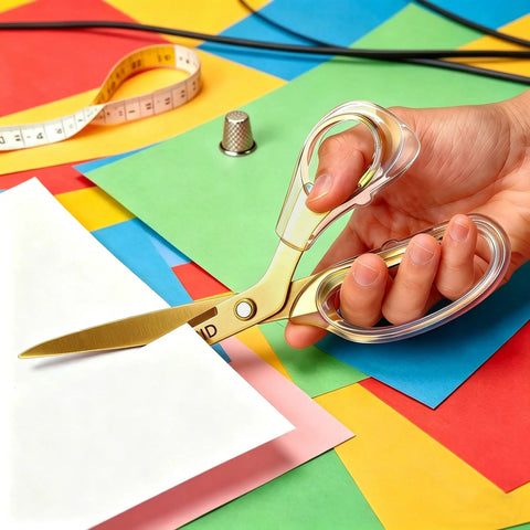 Go-To Everyday Office And Craft Scissors With Titanium Coated Blades And Clear Ergonomic Handles, Durable 3 Pack For Home Desk Or School Projects, Gold Finish For Sharp Clean Cuts. Hand holding gold scissors cutting paper.