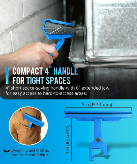 One Hand Magnetic Cleat Clip Tool for HVAC Ductwork TDC TDF PPC PPF Clips with 4 Inch Handle shown in use in tight space