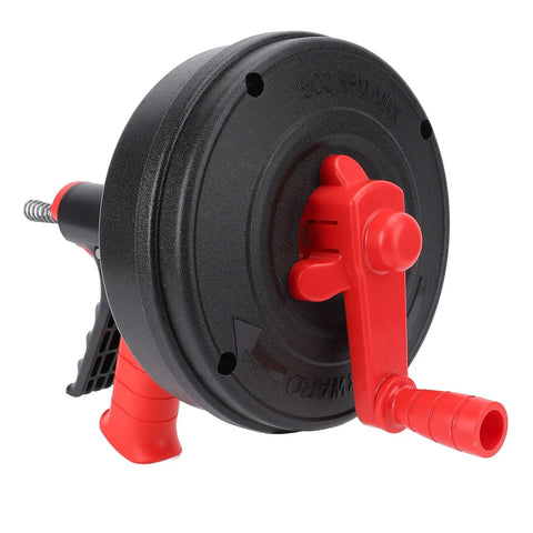Rock Solid Drain Snake For Clogged Pipes Manganese Steel Cable shows tool design with black and red handle and drainage nozzle.