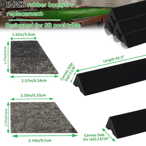 6-piece 8 Foot Pool Table Bumpers Set Of 6 With Cushion Facings For Billiard Rails 8 Corner Pocket Facings Included Premium Grade Rubber