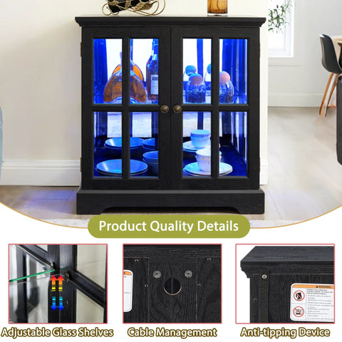 30 Inch Glass Curio Display Cabinet with LED lighting, black, featuring two lattice doors showcasing tableware, adjustable shelves