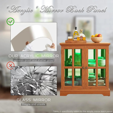 32 Inch LED Accent Curio Cabinet With Seven Color Lights For Collectibles, Cool Glass Display Case With Tempered Glass Doors, Dark Oak Finish with acrylic mirror comparison