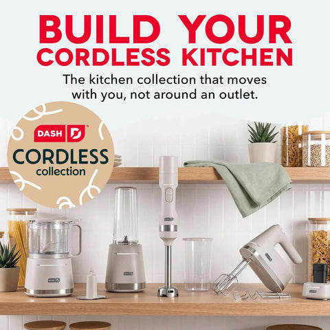 No Cord Hassle Cordless Immersion Blender Featuring Drop Proof Stainless Steel Blades And Spacious 24 Oz Mixing Cup displayed on kitchen shelf.