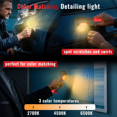 Person using Rechargeable Detailing Light With Magnetic Base And Hook, 600 Lumen Handheld LED Swirl Finder For Auto Detailing