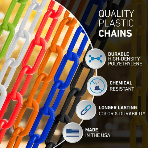 Colorful quality plastic chains, featuring durable high-density polyethylene, chemical resistance, made in the USA