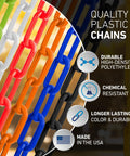 Colorful heavy duty plastic chain links with SunShield UV resistant technology for safety barriers; quality and durability highlighted.