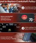 Signs of crankshaft pulley failure: engine noise, battery warning light, pulley wobble, and belt damage.