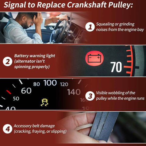 Signs of crankshaft pulley failure: engine noise, battery warning light, pulley wobble, and belt damage.