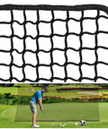Close-up of 10x10 Practice Net Heavy Duty Nylon Hitting Net For Garage And Backyard with black net detail and golfer using net.