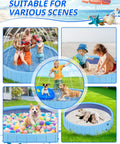 Collage of 2-In-1 Dog Pool And Splash Pad For Backyard Fun scenes with kids and dogs, featuring 63-Inch non-slip thick PVC design.