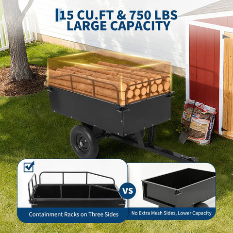 Beefy Dump Cart Pull Behind For Lawn Tractor With 750 Lb Capacity And 15 Cu Ft Heavy Duty Steel Utility Trailer outdoors loaded with logs.