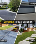 Image showing driveway, garage, sidewalk, and patio with text 'Versatile Repair Solution' for Self Leveling Concrete Crack Filler Kit 4 Pack All In One With Waterproof And High Elasticity For Driveways Patios Garages Sidewalks Pool Decks 20 Oz Each Pack Includes Nozzles Scrapers And Gloves.