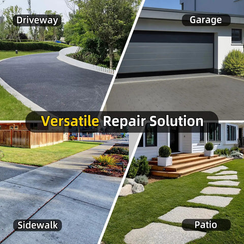Image showing driveway, garage, sidewalk, and patio with text 'Versatile Repair Solution' for Self Leveling Concrete Crack Filler Kit 4 Pack All In One With Waterproof And High Elasticity For Driveways Patios Garages Sidewalks Pool Decks 20 Oz Each Pack Includes Nozzles Scrapers And Gloves.