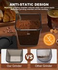binROC Electric Conical Burr Coffee Grinder With Portafilter Holder In Sleek Black, showing anti-static design and grinding chamber.