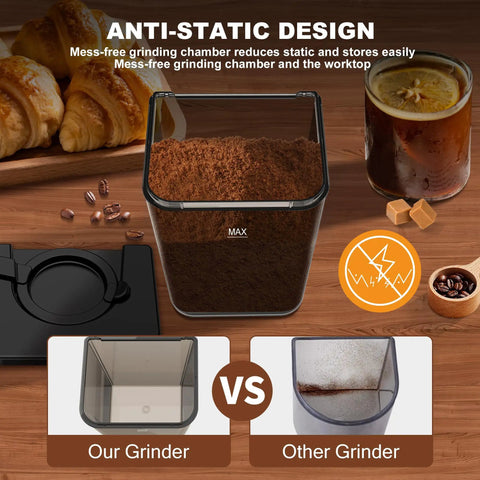 binROC Electric Conical Burr Coffee Grinder With Portafilter Holder In Sleek Black, showing anti-static design and grinding chamber.