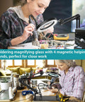 Women using 10X LED Magnifying Lamp With Light And Stand, Three Color Modes, Stepless Brightness, Four Magnetic Third Hand Soldering Tools