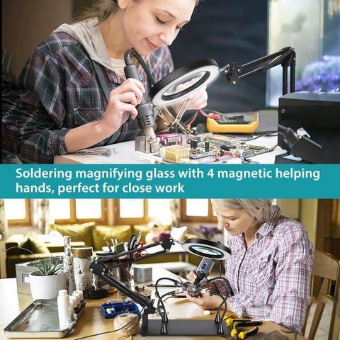 Women using 10X LED Magnifying Lamp With Light And Stand, Three Color Modes, Stepless Brightness, Four Magnetic Third Hand Soldering Tools