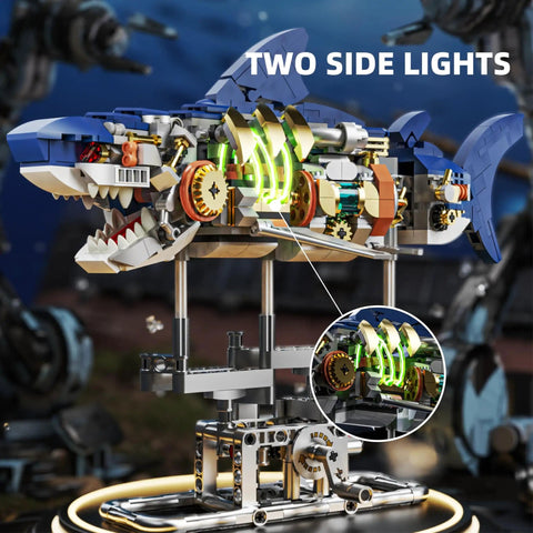 687 Piece Dope Mechanical Shark Building Set With LED Light And Movable Gear System Display Stand, Ocean Themed Building Block Toy For Adults Teens And Kids Age 12 And Up