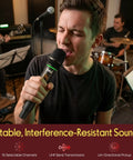 Man singing with Wireless USB Microphone System With 16-Channel UHF Dial in recording studio