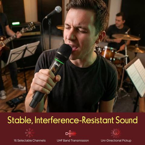Man singing with Wireless USB Microphone System With 16-Channel UHF Dial in recording studio