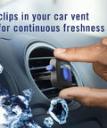 Top Tier Car Air Freshener Vent Clip With Platinum Ice Scent in car vent for continuous freshness and road odor elimination.